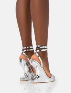 A-list Silver Mirror Barley There Wrap Around Platform Cut Out Wedge Heels -LoafLuxe Shop 771A3601
