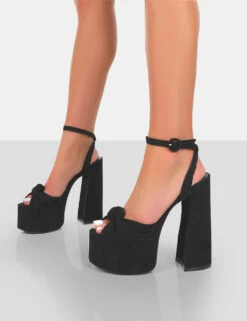 Knot On Black Faux Suede Knotted Platform High Heeled Sandals -LoafLuxe Shop 771A4049