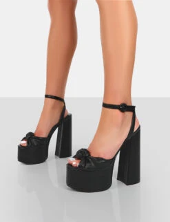 Knot On Black Pu Knotted Platform High Heeled Sandals -LoafLuxe Shop 771A4053 55418777 9524 4522 8f2c 5da916eb9310