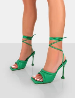 Gracie Green Pu Square Peep Toe Lace Up Stiletto Heels -LoafLuxe Shop 771A4069copy