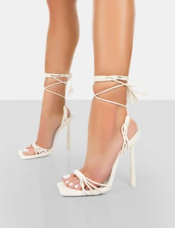 Twistin Ecru Pu Square Toe Strappy Lace Up Stiletto Heels -LoafLuxe Shop 771A4107