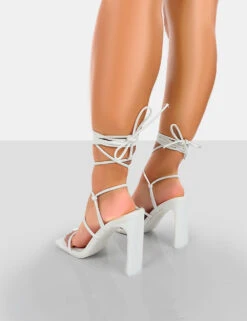 Chloe White Pu Strappy Square Toe Lace Up Heels -LoafLuxe Shop 771A4452