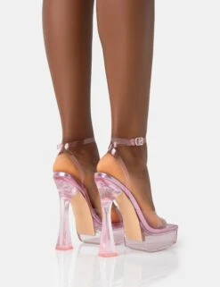 Doll Pink Metallic Perspex Strappy Ankle Platform Square Toe Flared Block Heel -LoafLuxe Shop 771A4505