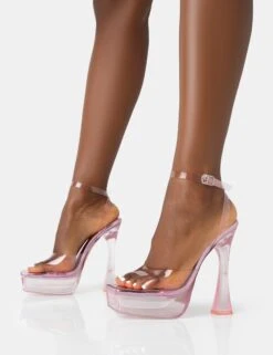 Doll Pink Metallic Perspex Strappy Ankle Platform Square Toe Flared Block Heel -LoafLuxe Shop 771A4506