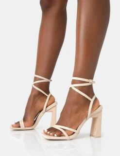 Ives Stone Pu Strappy Lace Up Square Toe Slim Block Heels -LoafLuxe Shop 771A4516