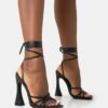 Wiley Black Pu Strappy Lace Up Square Toe Sculptural Block Heels -LoafLuxe Shop 771A4528