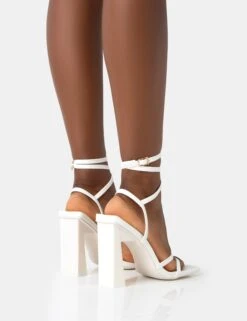 Ives White Pu Strappy Lace Up Square Toe Slim Block Heels -LoafLuxe Shop 771A4534