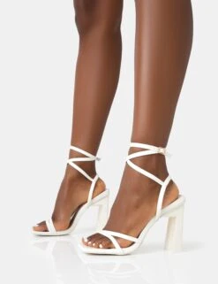Ives White Pu Strappy Lace Up Square Toe Slim Block Heels -LoafLuxe Shop 771A4535