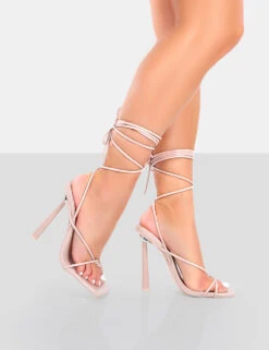 Lacey Pink Patent Square Toe Strappy Lace Up Stiletto Heels -LoafLuxe Shop 771A4539