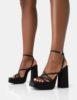 Fate Black Satin Strappy Wrap Around The Ankle Platfrom Block Heels -LoafLuxe Shop 771A4540