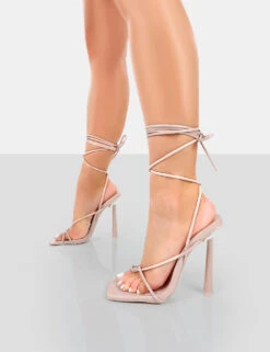 Lacey Pink Patent Square Toe Strappy Lace Up Stiletto Heels -LoafLuxe Shop 771A4543