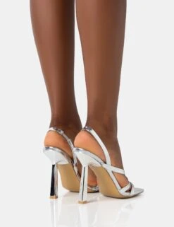 Roxie Silver Metallic Asymmetric Strap Square Toe Stiletto Heels -LoafLuxe Shop 771A4549