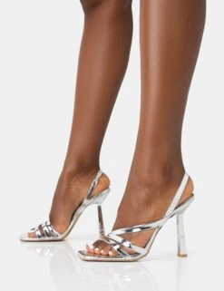 Roxie Silver Metallic Asymmetric Strap Square Toe Stiletto Heels -LoafLuxe Shop 771A4550
