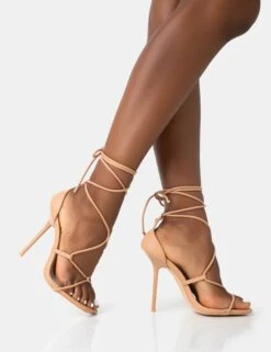 Leilani Natural Nude Pu Strappy Lace Up Square Toe Stiletto Heels -LoafLuxe Shop 771A4589