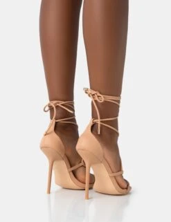 Leilani Natural Nude Pu Strappy Lace Up Square Toe Stiletto Heels -LoafLuxe Shop 771A4591