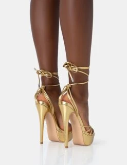 Muse Gold Metallic PU Strappy Lace Up Platform Pointed Toe Stiletto Heels 9 Muse Gold Metallic PU Strappy Lace Up Platform Pointed Toe Stiletto Heels -LoafLuxe Shop 771A4676