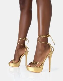 Muse Gold Metallic PU Strappy Lace Up Platform Pointed Toe Stiletto Heels 8 Muse Gold Metallic PU Strappy Lace Up Platform Pointed Toe Stiletto Heels -LoafLuxe Shop 771A4677