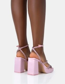 Playout Pink Satin Diamante Strappy Platform Square Toe Mid Block Heels -LoafLuxe Shop 771A4684
