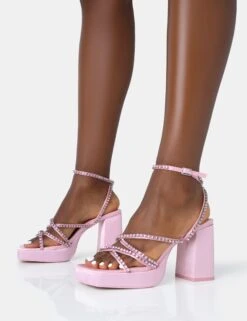 Playout Pink Satin Diamante Strappy Platform Square Toe Mid Block Heels -LoafLuxe Shop 771A4685