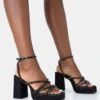 Playout Black Satin Diamante Strappy Platform Square Toe Mid Block Heels -LoafLuxe Shop 771A4687