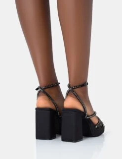 Playout Black Satin Diamante Strappy Platform Square Toe Mid Block Heels -LoafLuxe Shop 771A4688