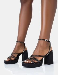 Playout Black Satin Diamante Strappy Platform Square Toe Mid Block Heels -LoafLuxe Shop 771A4689