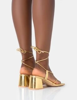 Aloha Gold PU Lace Up Block Mid Heeled Sandals -LoafLuxe Shop 771A4692