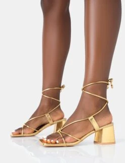 Aloha Gold PU Lace Up Block Mid Heeled Sandals -LoafLuxe Shop 771A4694