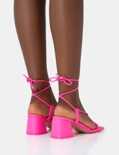 Aloha Neon Pink PU Lace Up Block Mid Heeled Sandals -LoafLuxe Shop 771A4698