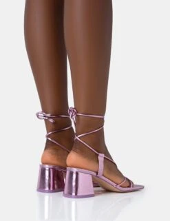Aloha Pink Metallic Lace Up Block Mid Heeled Sandals -LoafLuxe Shop 771A4704