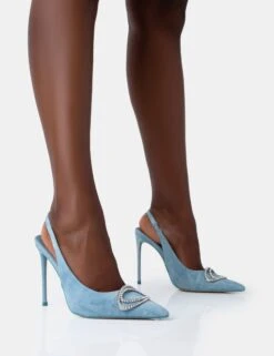 Public Desire Blaise Washed Denim Bleach Diamante Trim Stiletto Slingback Court