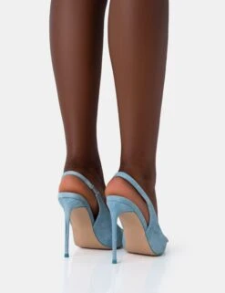 Public Desire Blaise Washed Denim Bleach Diamante Trim Stiletto Slingback Court -LoafLuxe Shop 771A4750