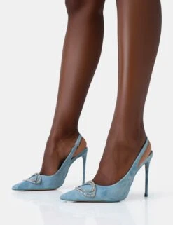 Public Desire Blaise Washed Denim Bleach Diamante Trim Stiletto Slingback Court -LoafLuxe Shop 771A4751