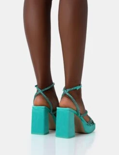Playout Turquoise Satin Diamante Strappy Platform Square Toe Mid Block Heels -LoafLuxe Shop 771A4760