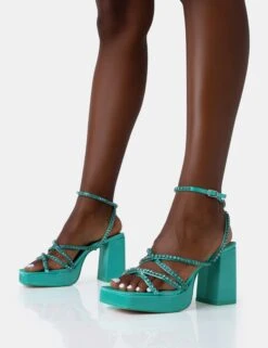 Playout Turquoise Satin Diamante Strappy Platform Square Toe Mid Block Heels -LoafLuxe Shop 771A4761