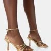 Mademoiselle Gold PU Strappy Square Toe Mid Stiletto Heels -LoafLuxe Shop 771A4940