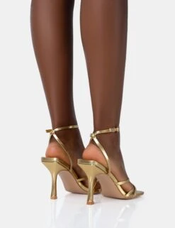 Mademoiselle Gold PU Strappy Square Toe Mid Stiletto Heels -LoafLuxe Shop 771A4941