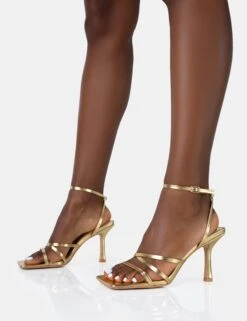 Mademoiselle Gold PU Strappy Square Toe Mid Stiletto Heels -LoafLuxe Shop 771A4943