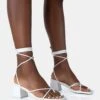 Aerin White PU Lace Up Strappy Square Toe Block Mid Heels -LoafLuxe Shop 771A4949
