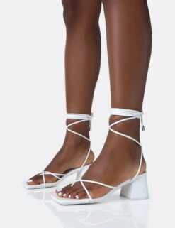 Aerin White PU Lace Up Strappy Square Toe Block Mid Heels -LoafLuxe Shop 771A4951