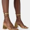 Aerin Gold Pu Lace Up Strappy Square Toe Block Mid Heels -LoafLuxe Shop 771A4953