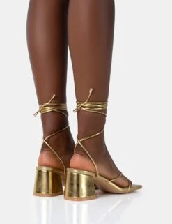 Aerin Gold Pu Lace Up Strappy Square Toe Block Mid Heels -LoafLuxe Shop 771A4954