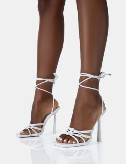 Glow Up White PU Knotted Strappy Lace Up Square Toe Stiletto Heels -LoafLuxe Shop 771A4960