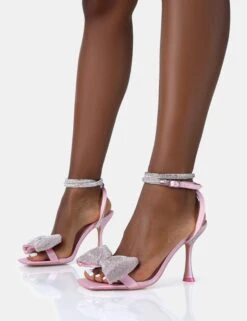 Candy Pink Satin Diamante Bow Square Toe Stiletto Mid Heels -LoafLuxe Shop 771A4982