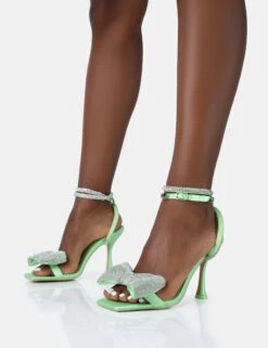 Candy Lime Satin Diamante Bow Square Toe Stiletto Mid Heels -LoafLuxe Shop 771A4987