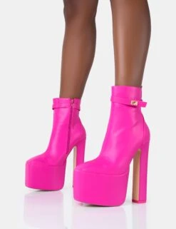 Vally Hot Pink PU Extreme Platform Square Rounded Toe Block Heeled Ankle Boots -LoafLuxe Shop 771A5002