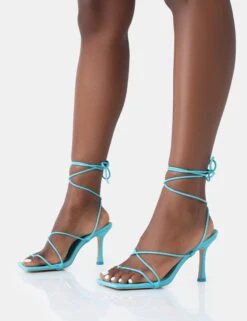 Euphoria Baby Blue Patent Square Toe Lace Up Mid Heels -LoafLuxe Shop 771A5017