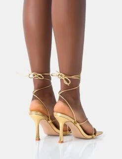 Euphoria Gold Pu Square Toe Lace Up Mid Heels -LoafLuxe Shop 771A5020