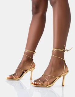 Euphoria Gold Pu Square Toe Lace Up Mid Heels -LoafLuxe Shop 771A5021