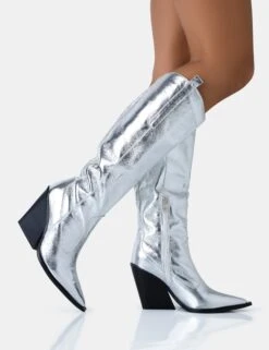 Navada Silver Metallic Western Cowboy Pointed Toe Block Heel Knee High Boots -LoafLuxe Shop 771A5034